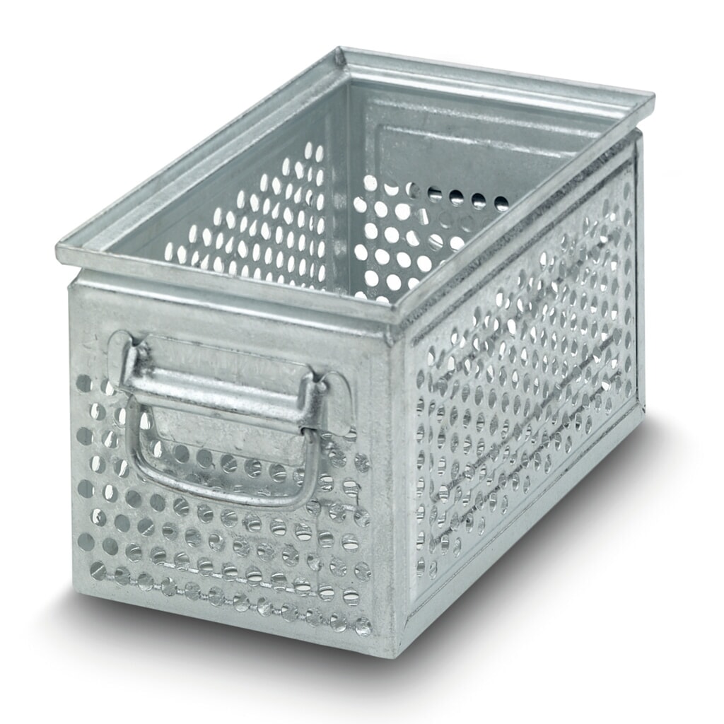 Drehstapelbehälter aus Stahlblech, mit grober Lochung Ø 10 mm, HxBxT 200 x 450 x 300 mm Produktabbildung: Drehstapelbehälter aus Stahlblech, mit grober Lochung Ø 10 mm, HxBxT 200 x 450 x 300 mm
