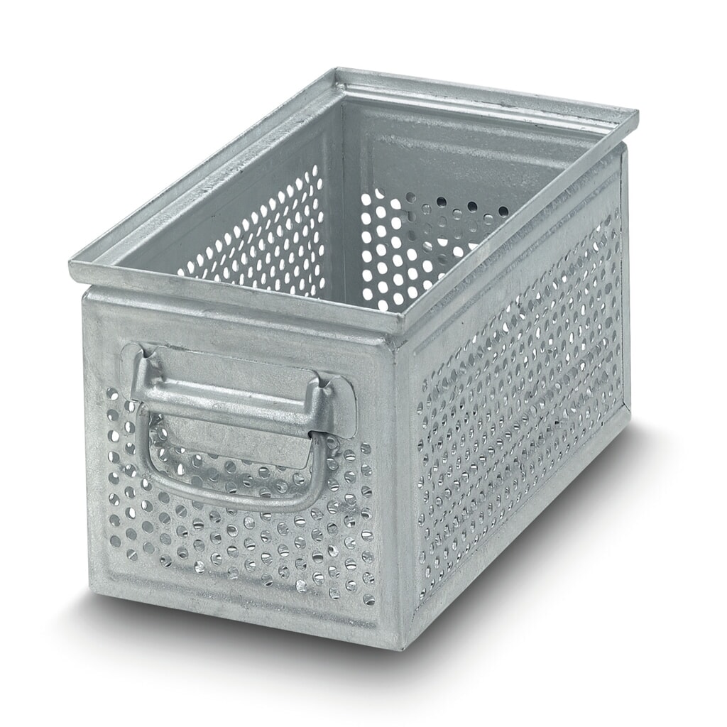 Produktabbildung: Drehstapelbehälter aus Stahlblech, mit grober Lochung Ø 7 mm, HxBxT 150 x 300 x 200 mm