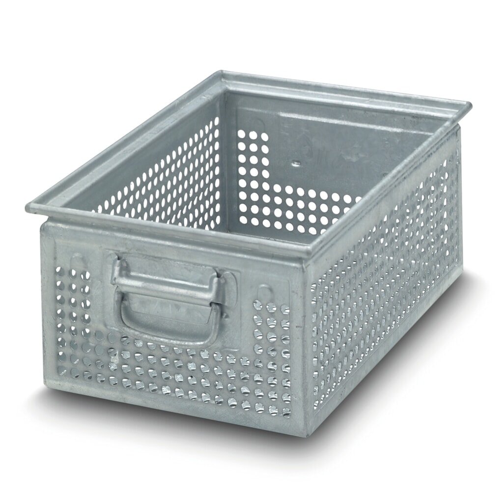 Drehstapelbehälter aus Stahlblech, mit grober Lochung Ø 7 mm, HxBxT 150 x 300 x 200 mm Produktabbildung Nr. 2: Drehstapelbehälter aus Stahlblech, mit grober Lochung Ø 7 mm, HxBxT 150 x 300 x 200 mm