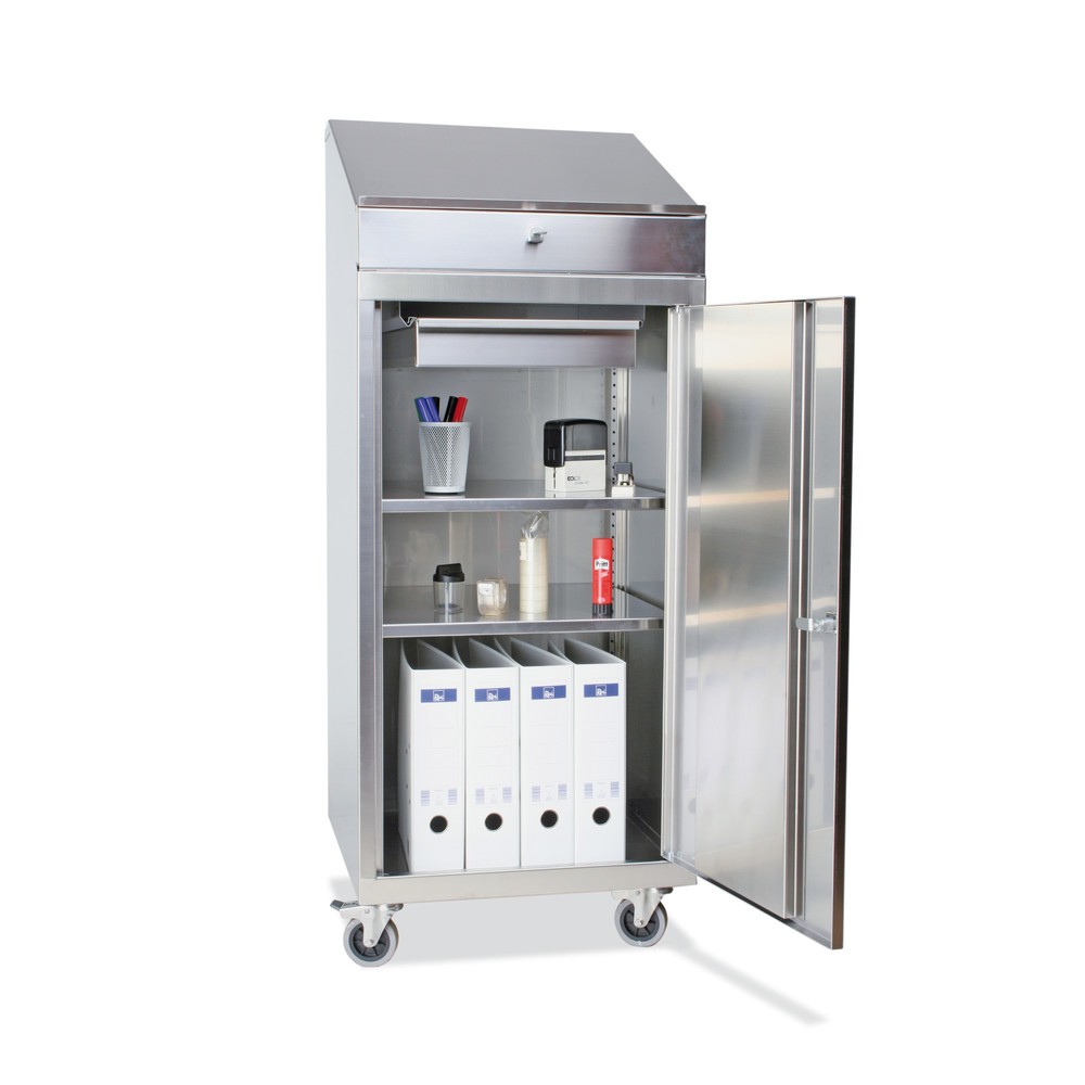 Produktabbildung Nr. 1: Reinsch Stehpult aus Edelstahl, 2 Fachböden, 1 Schublade, HxBxT 1.340 x 500 x 500 mm, Rollen