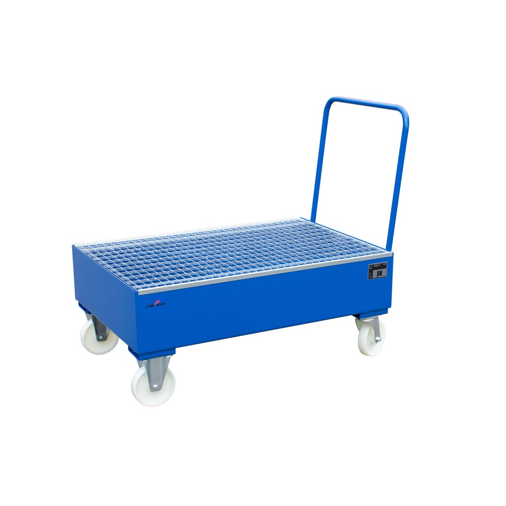 Steinbock® Auffangwanne aus Stahl für 200-Liter-Fässer, verfahrbar, blau Produktabbildung: Steinbock® Auffangwanne aus Stahl für 200-Liter-Fässer, verfahrbar, blau