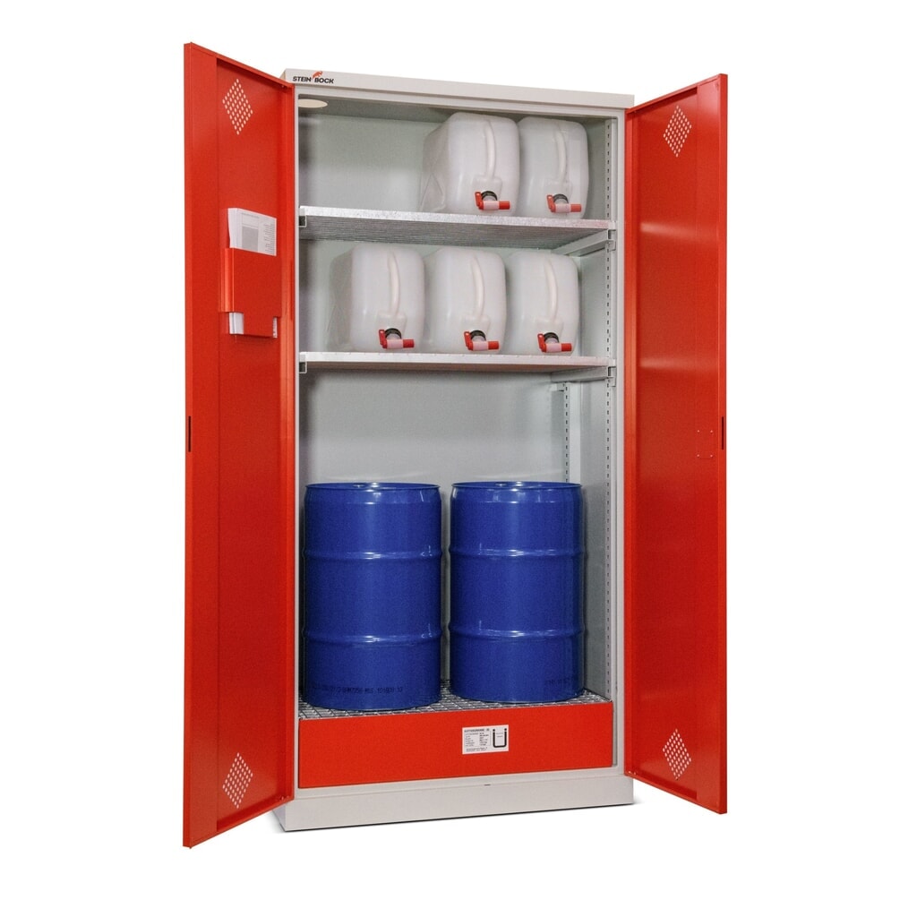 Steinbock® Ölschrank, 2 höhenverstellbare Gitterrostböden, 1 Auffangwanne, HxBxT 1.950 x 950 x 500 mm Produktabbildung: Steinbock® Ölschrank, 2 höhenverstellbare Gitterrostböden, 1 Auffangwanne, HxBxT 1.950 x 950 x 500 mm
