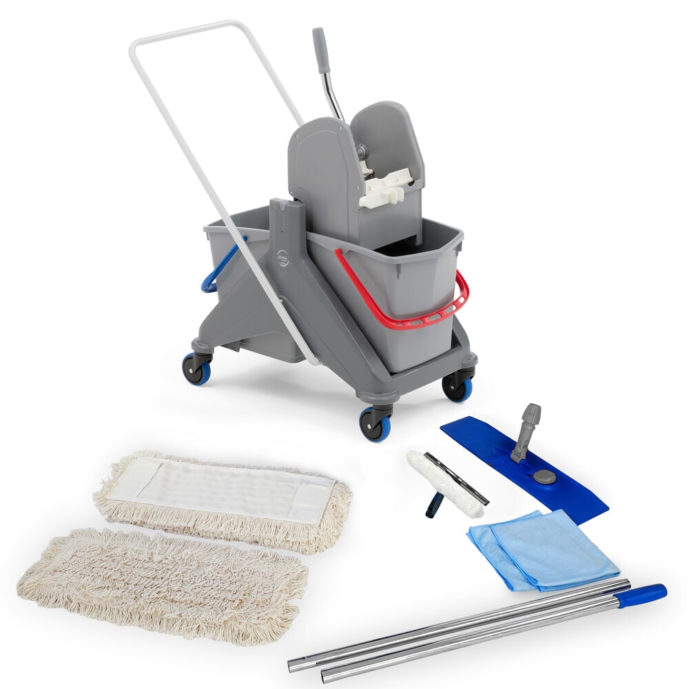 Produktabbildung: Steinbock® Reinigungswagen-Profi-Set, Doppel-Fahreimer 2x 15 Liter, 5x Baumwollmopp 500 mm, 2-teiliger Chromstiel, Klapphalter, 2x Mikrofasertuch und Kombi-Fensterwischer