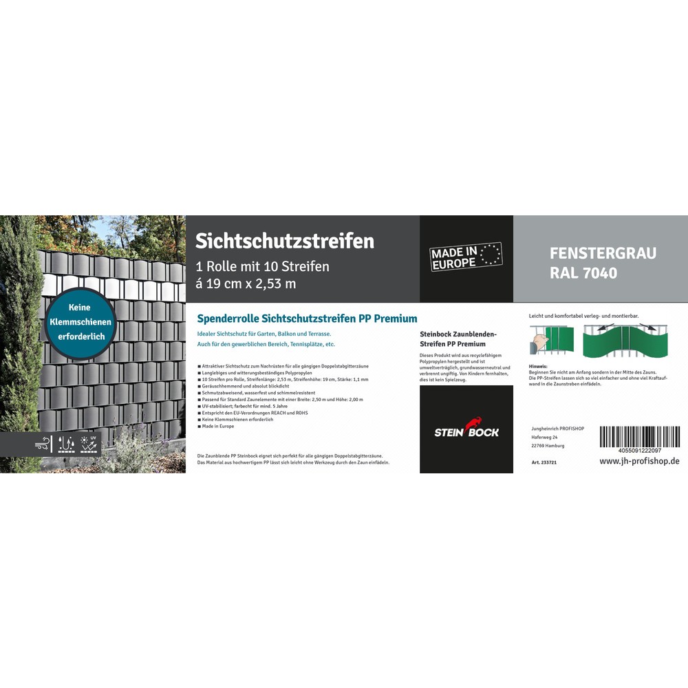 Produktabbildung Nr. 3: Steinbock® Sichtschutzstreifen Spenderrolle, PP, Gesamtlänge 75,9 m, 3 Rollen á 10 Streifen, grau