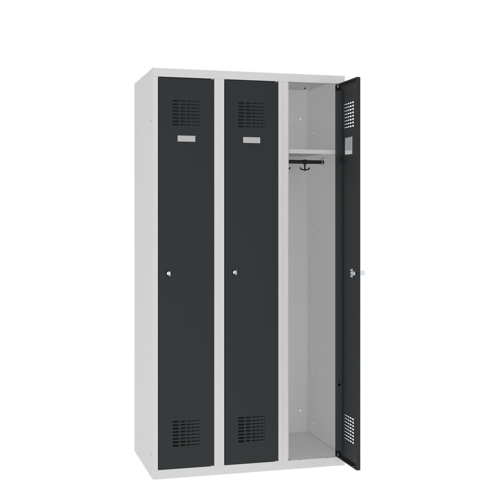 Produktabbildung: Steinbock® Spind, bodenstehend, 3 Abteile, Drehriegelverschluss, HxBxT 1.800 x 900 x 500 mm, lichtgrau/anthrazitgrau