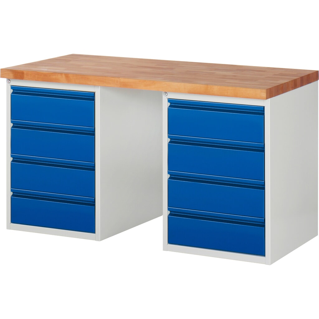Steinbock® Werkbank Selection, mit 2x 4 Schubladen, HxBxT 840 mm x 1.500 mm x 700 mm, RAL 7035/5010 Produktabbildung: Steinbock® Werkbank Selection, mit 2x 4 Schubladen, HxBxT 840 mm x 1.500 mm x 700 mm, RAL 7035/5010