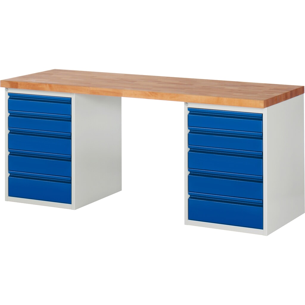 Steinbock® Werkbank Selection, mit 2x 5 Schubladen, HxBxT 840 mm x 1.500 mm x 700 mm, RAL 7035/5010 Produktabbildung: Steinbock® Werkbank Selection, mit 2x 5 Schubladen, HxBxT 840 mm x 1.500 mm x 700 mm, RAL 7035/5010