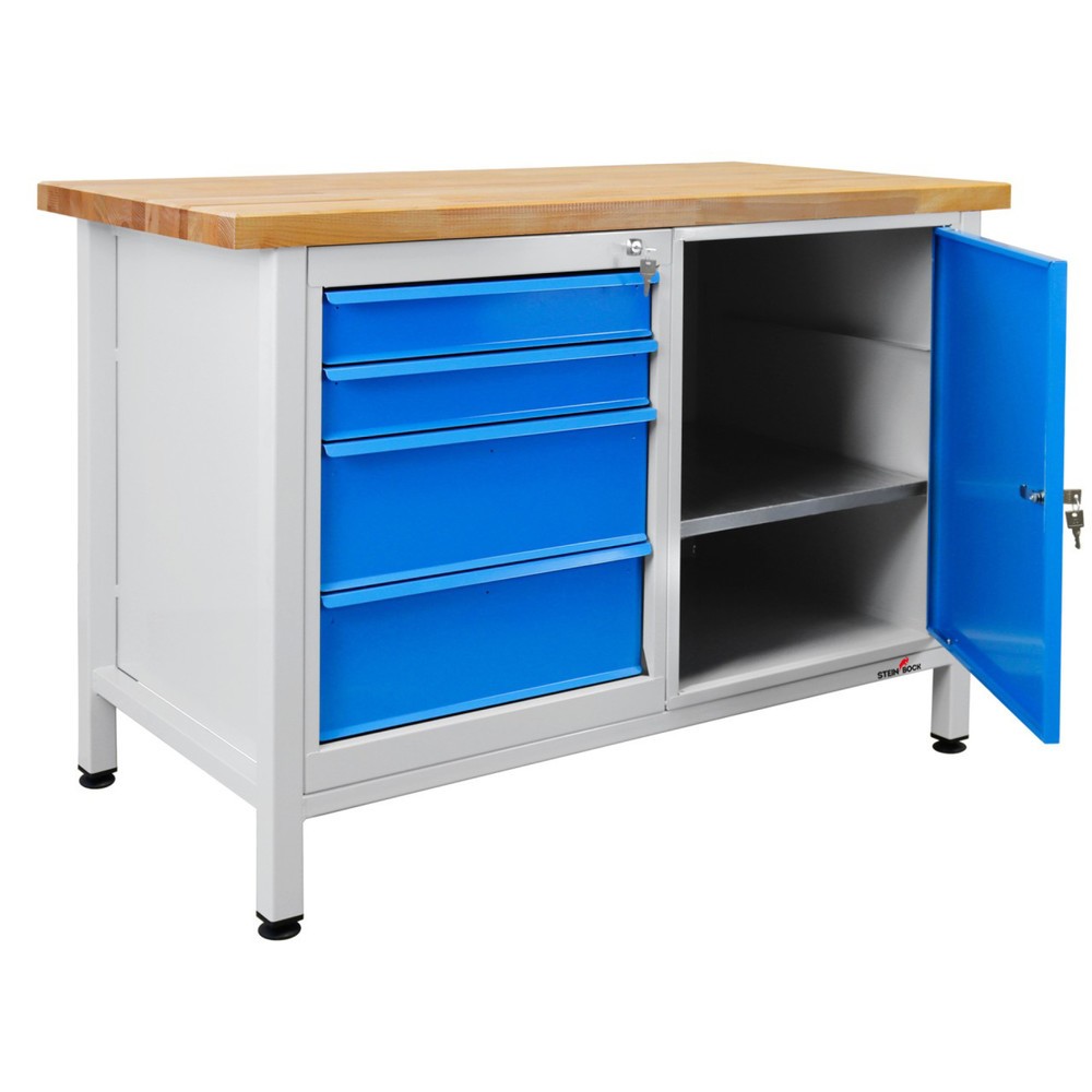 Produktabbildung: Steinbock® Werkbank Premium, 4 Schubladen, 1 Tür, TK 300 kg, HxBxT 840 x 1.200 x 600 mm, RAL 7035/5012