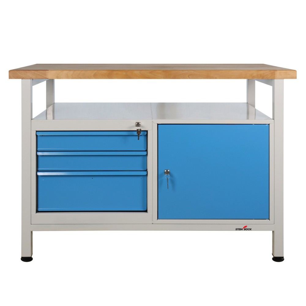 Produktabbildung Nr. 7: Steinbock® Werkbank Premium, 1 Ablage, 3 Schubladen, 1 Tür, TK 300 kg, HxBxT 840 x 1.200 x 600 mm, RAL 7035/5012