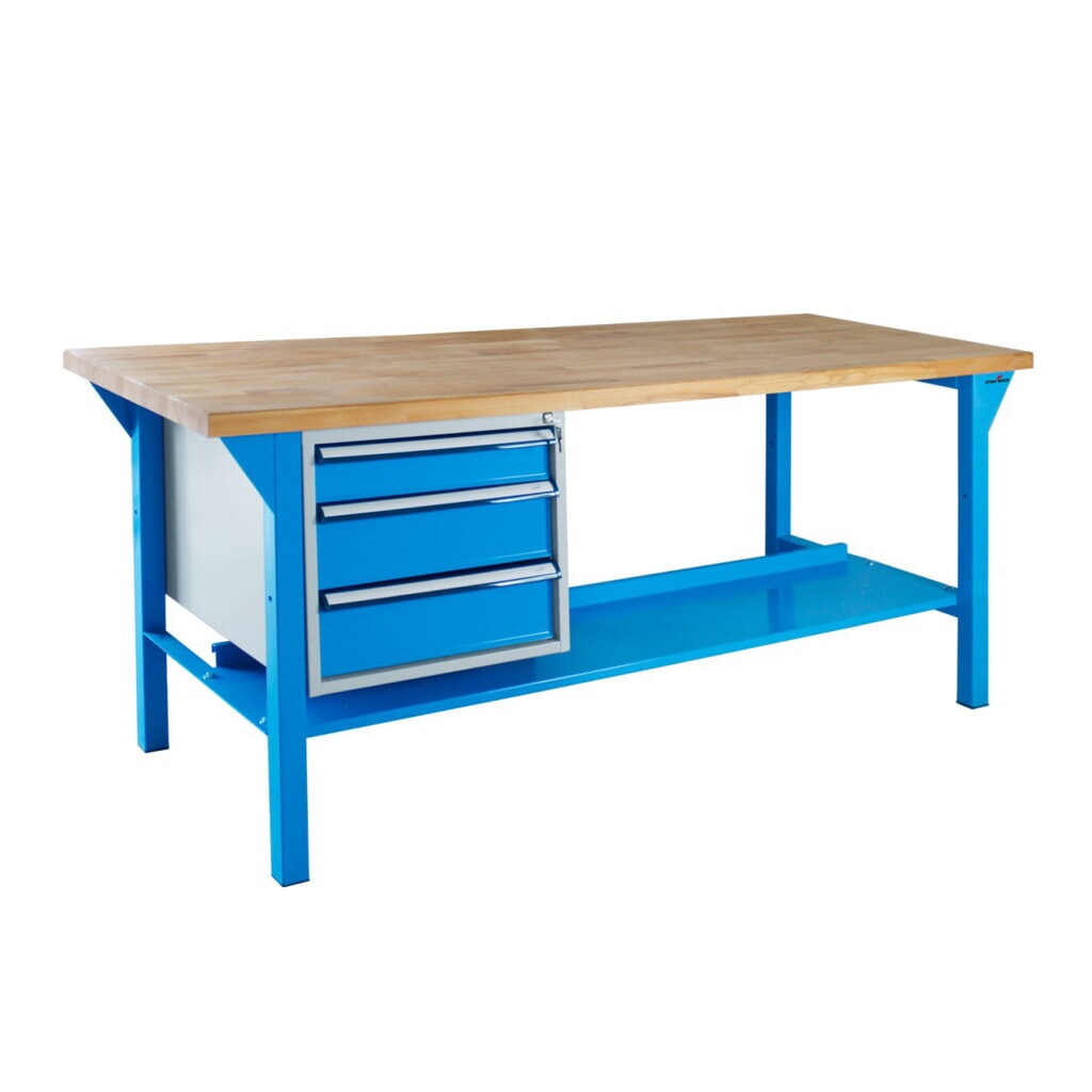 Steinbock® Werkbank Pro, 3 Schubladen, 1 Ablage, TK 500 kg, HxBxT 850 x 1.500 x 750 mm, RAL 5012 Produktabbildung: Steinbock® Werkbank Pro, 3 Schubladen, 1 Ablage, TK 500 kg, HxBxT 850 x 1.500 x 750 mm, RAL 5012