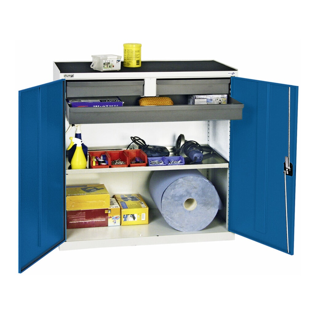 stumpf® Flügeltürschrank mit 3 Schubladen und 1 Wanne, HxBxT 1.000 x 1.000 x 500 mm, grau/blau Produktabbildung: stumpf® Flügeltürschrank mit 3 Schubladen und 1 Wanne, HxBxT 1.000 x 1.000 x 500 mm, grau/blau