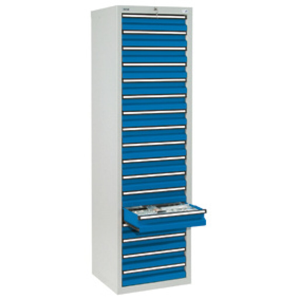 Produktabbildung: stumpf® Schubladenschrank, Schubladen 17x100 mm, HxBxT 1.800 x 500 x 500 mm, lichtgrau/enzianblau
