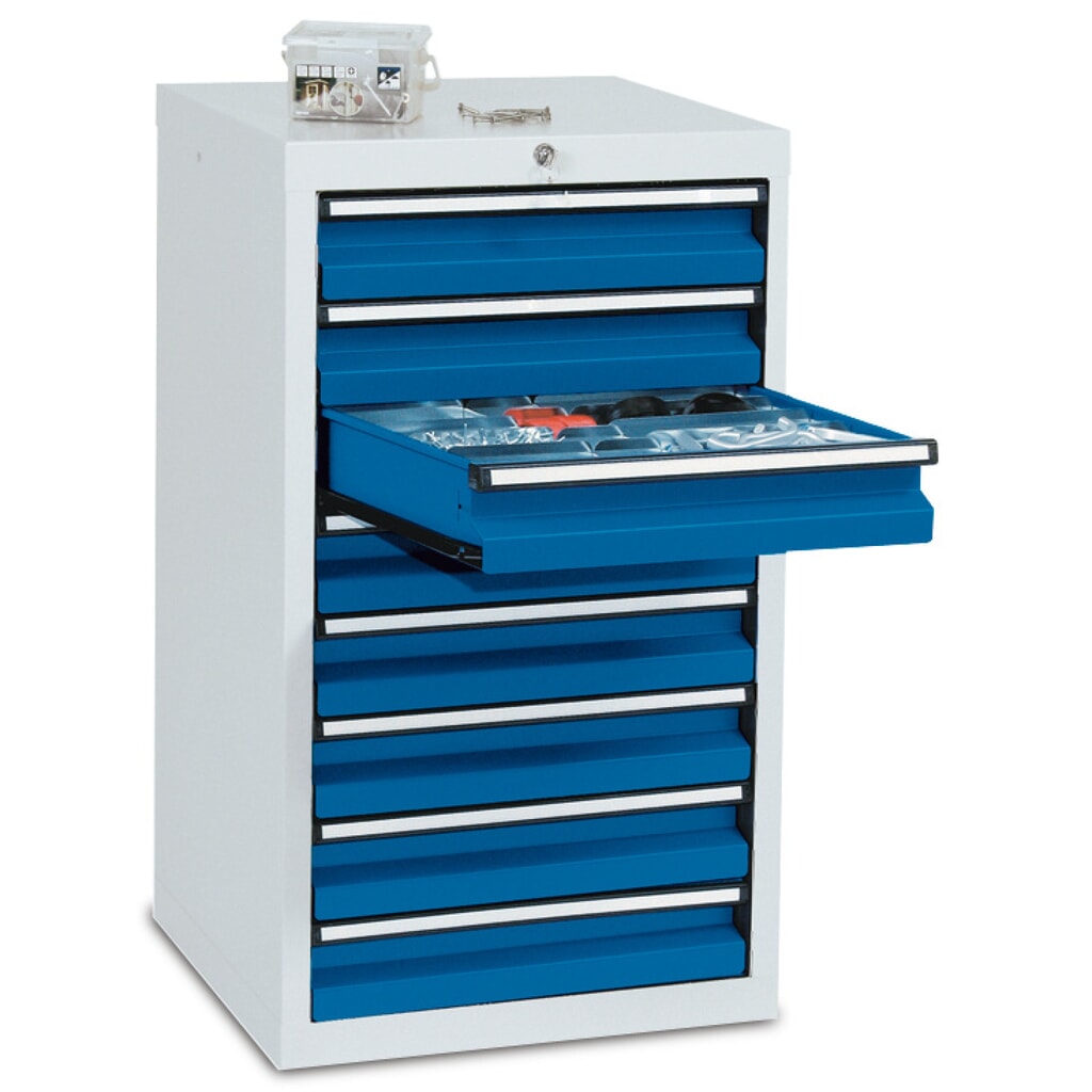 stumpf® Schubladenschrank, Schubladen 8x100 mm, HxBxT 900 x 500 x 500 mm, lichtgrau/enzianblau Produktabbildung: stumpf® Schubladenschrank, Schubladen 8x100 mm, HxBxT 900 x 500 x 500 mm, lichtgrau/enzianblau