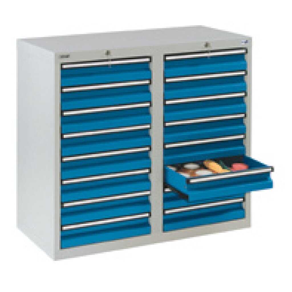 stumpf® Schubladenschrank, Schubladen 16x100 mm, HxBxT 900 x 1.000 x 500 mm, lichtgrau Produktabbildung: stumpf® Schubladenschrank, Schubladen 16x100 mm, HxBxT 900 x 1.000 x 500 mm, lichtgrau