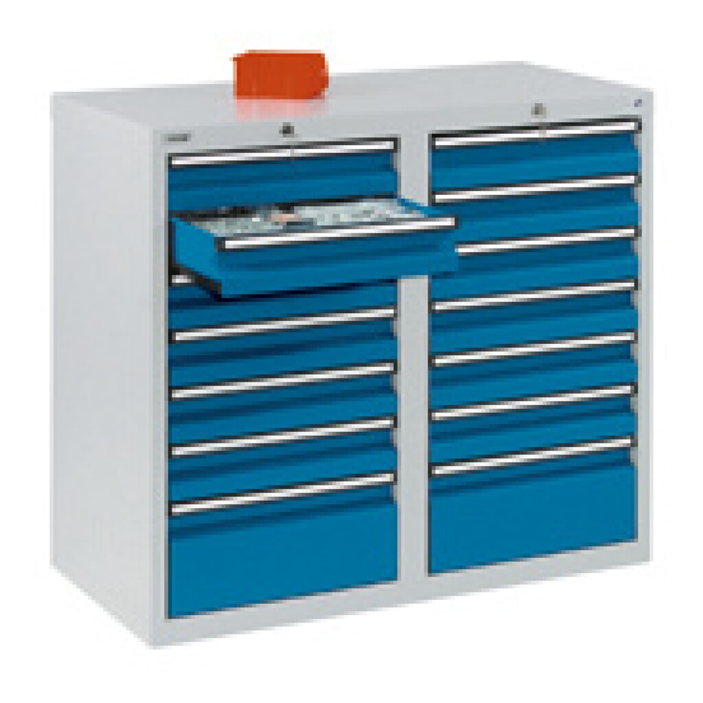 stumpf® Schubladenschrank, Schubladen 12x100 + 2x200 mm, HxBxT 900 x 1.000 x 500 mm, lichtgrau Produktabbildung: stumpf® Schubladenschrank, Schubladen 12x100 + 2x200 mm, HxBxT 900 x 1.000 x 500 mm, lichtgrau