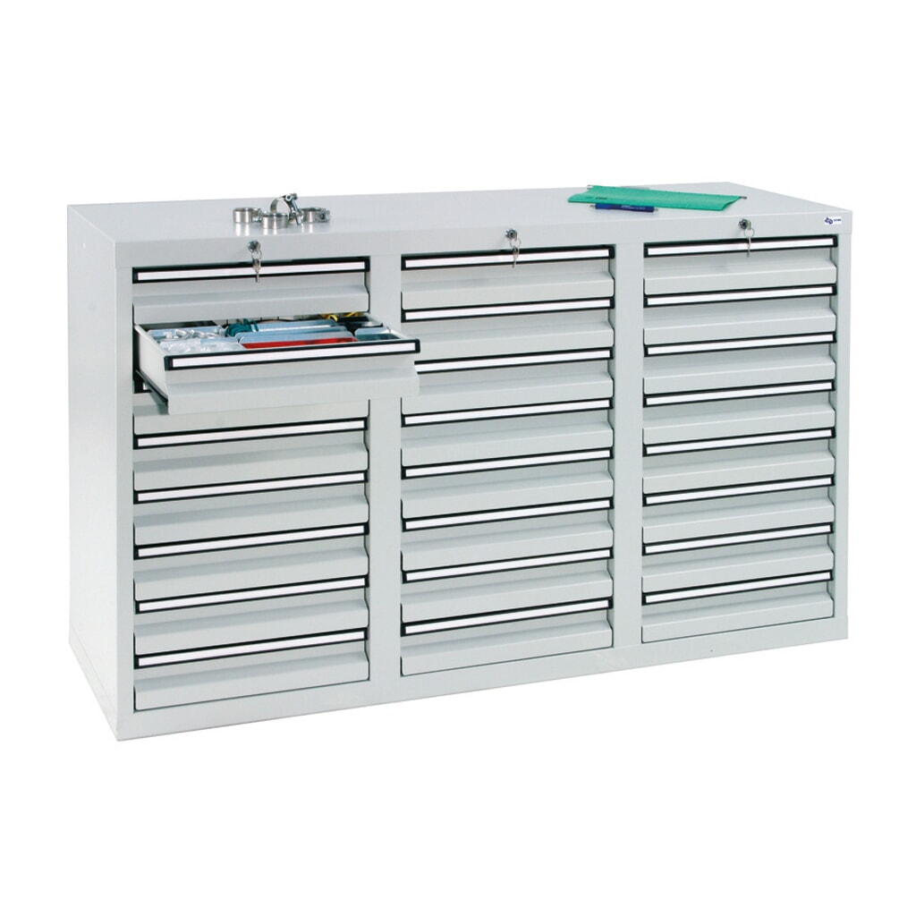 stumpf® Schubladenschrank, Schubladen 24x100 mm, HxBxT 900 x 1.500 x 500 mm, lichtgrau Produktabbildung: stumpf® Schubladenschrank, Schubladen 24x100 mm, HxBxT 900 x 1.500 x 500 mm, lichtgrau