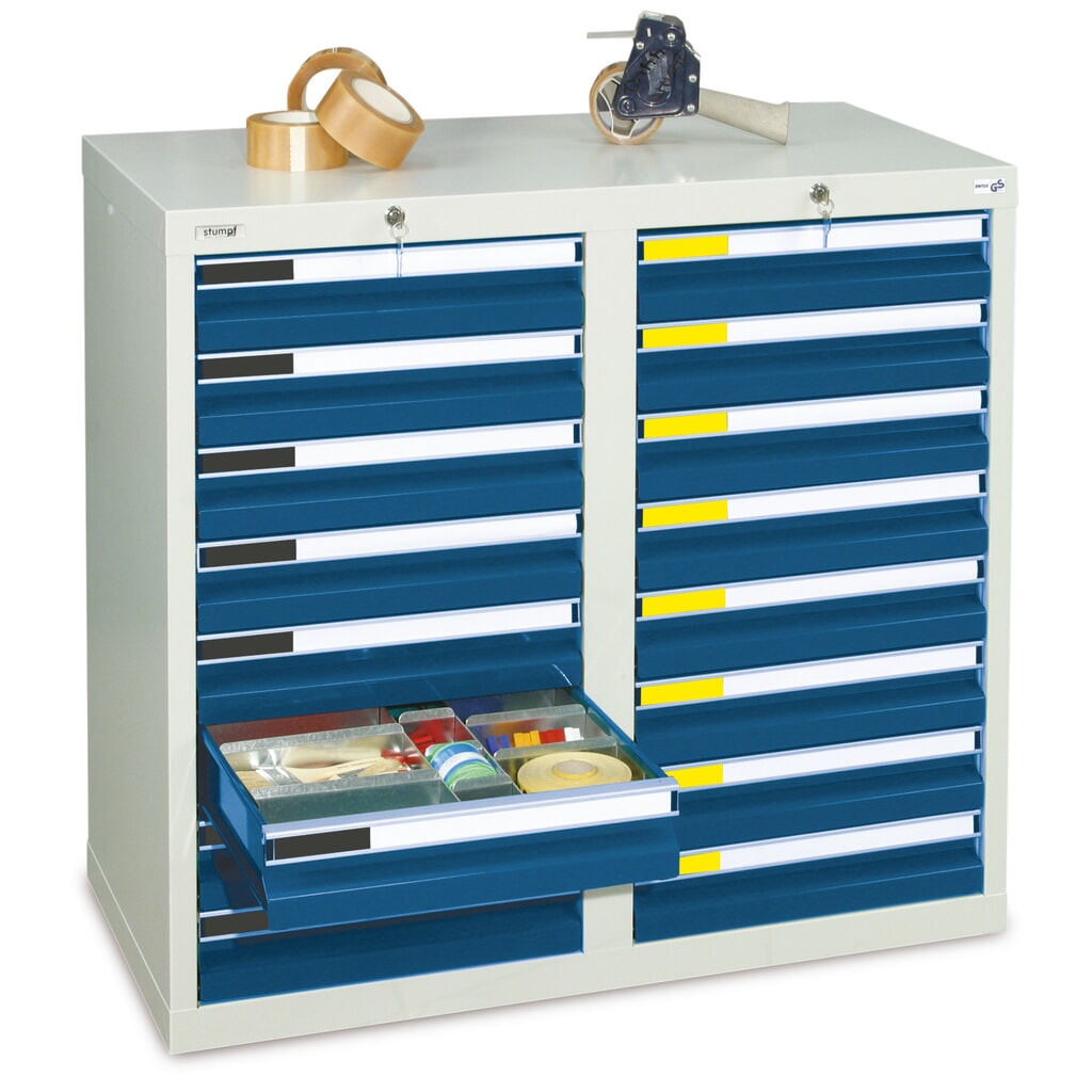 stumpf® Schubladenschrank Premium, Schubladen 16x100 mm, HxBxT 900 x 1.000 x 500 mm, lichtgrau/enzianblau Produktabbildung: stumpf® Schubladenschrank Premium, Schubladen 16x100 mm, HxBxT 900 x 1.000 x 500 mm, lichtgrau/enzianblau