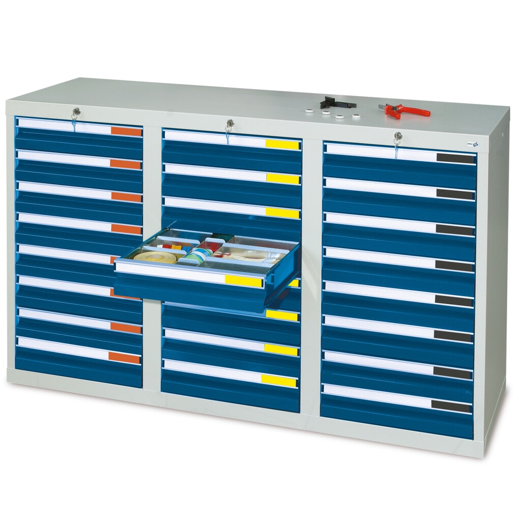 Produktabbildung: stumpf® Schubladenschrank  Premium, Schubladen 24x100 mm, HxBxT 900 x 1.500 x 500 mm, lichtgrau/enzianblau