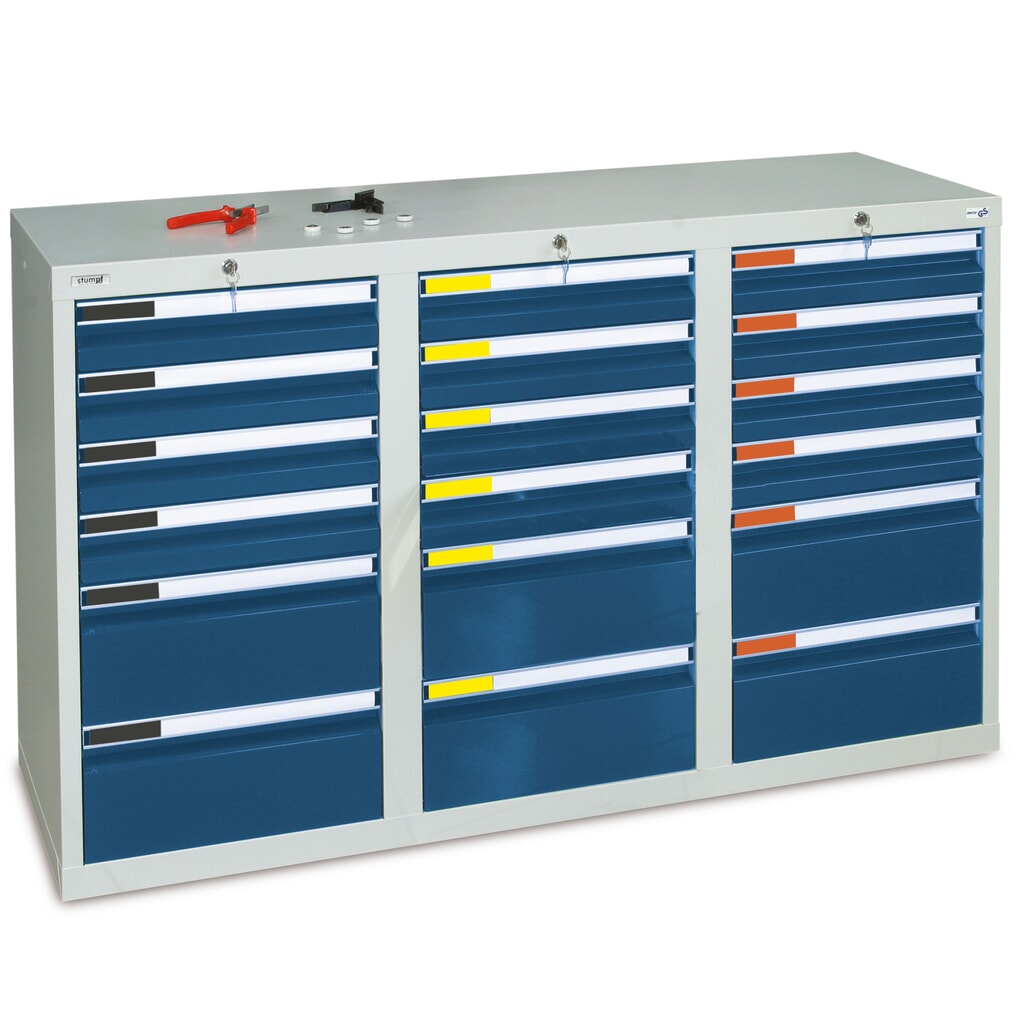 stumpf® Schubladenschrank Premium, Schubladen 12x100 + 6x200 mm, HxBxT 900 x 1.500 x 500 mm, lichtgrau Produktabbildung: stumpf® Schubladenschrank Premium, Schubladen 12x100 + 6x200 mm, HxBxT 900 x 1.500 x 500 mm, lichtgrau