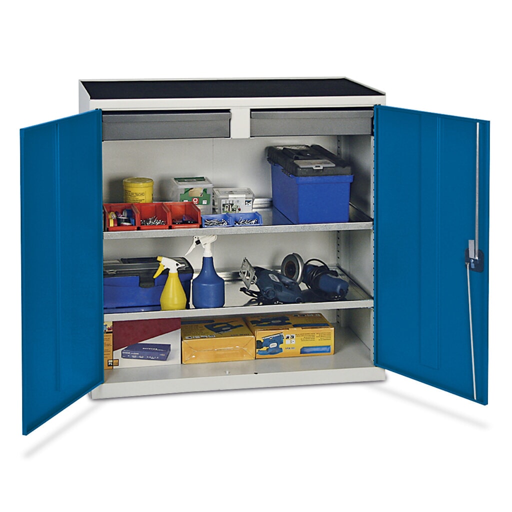 Produktabbildung: stumpf® Werkstatt-Beistellschrank  mit 2 Schubladen + 2 Wannen, HxBxT 1.000 x 1.000 x 500 mm, lichtgrau/enzianblau