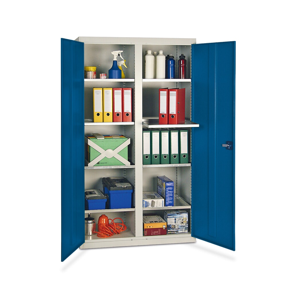 Produktabbildung: stumpf® Werkstatt-Flügeltürschrank mit 8 Wannen + Trennwand, HxBxT 1.800 x 1.000 x 500 mm, lichtgrau/enzianblau