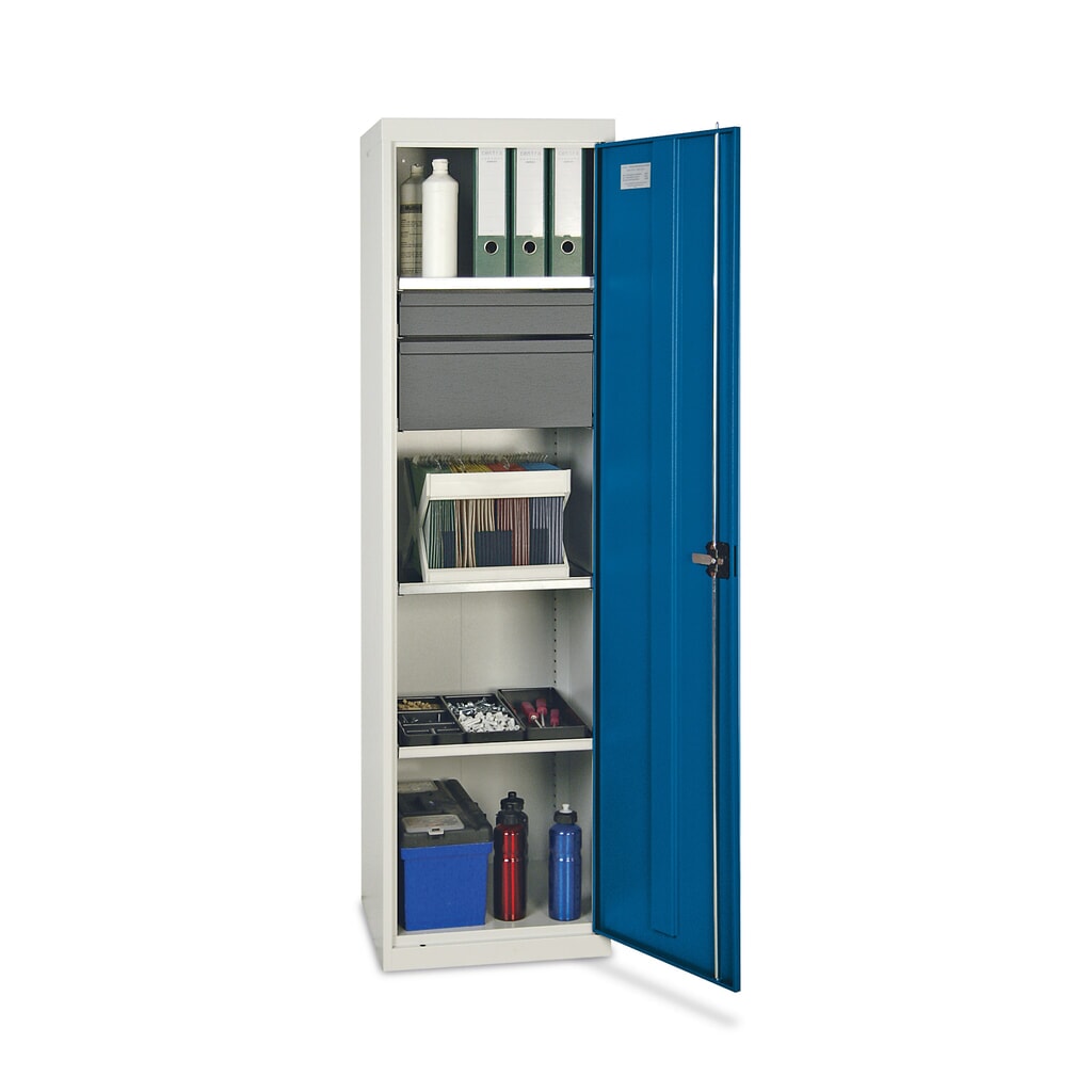 stumpf® Werkstatt-Flügeltürschrank mit 2 Schubladen + 3 Wannen, HxBxT 1.800 x 500 x 500 mm, lichtgrau Produktabbildung: stumpf® Werkstatt-Flügeltürschrank mit 2 Schubladen + 3 Wannen, HxBxT 1.800 x 500 x 500 mm, lichtgrau