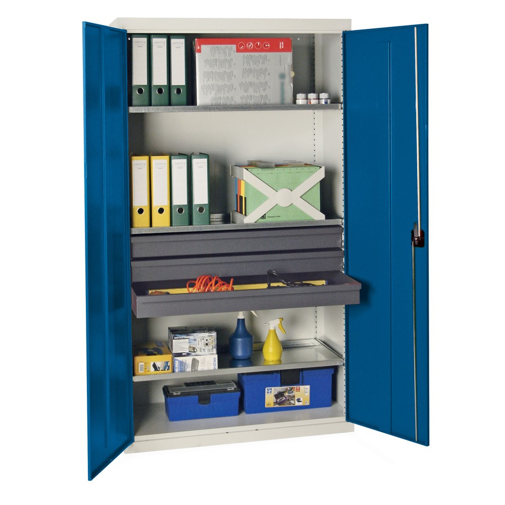 Produktabbildung: stumpf® Werkstatt-Flügeltürschrank mit 3 Schubladen + 3 Wannen, HxBxT 1.800 x 1.000 x 500 mm, lichtgrau/enzianblau