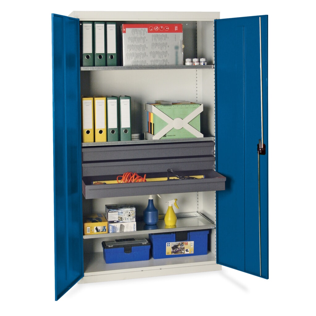 Produktabbildung: stumpf® Werkstatt-Flügeltürschrank mit 3 Schubladen + 3 Wannen, HxBxT 1.800 x 1.000 x 500 mm, lichtgrau