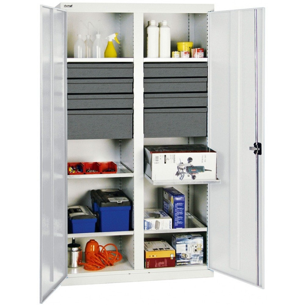 Produktabbildung: stumpf® Werkstatt-Flügeltürschrank mit 8 Schubladen + 6 Wannen + Trennwand, HxBxT 1.800 x 1.000 x 500 mm, lichtgrau