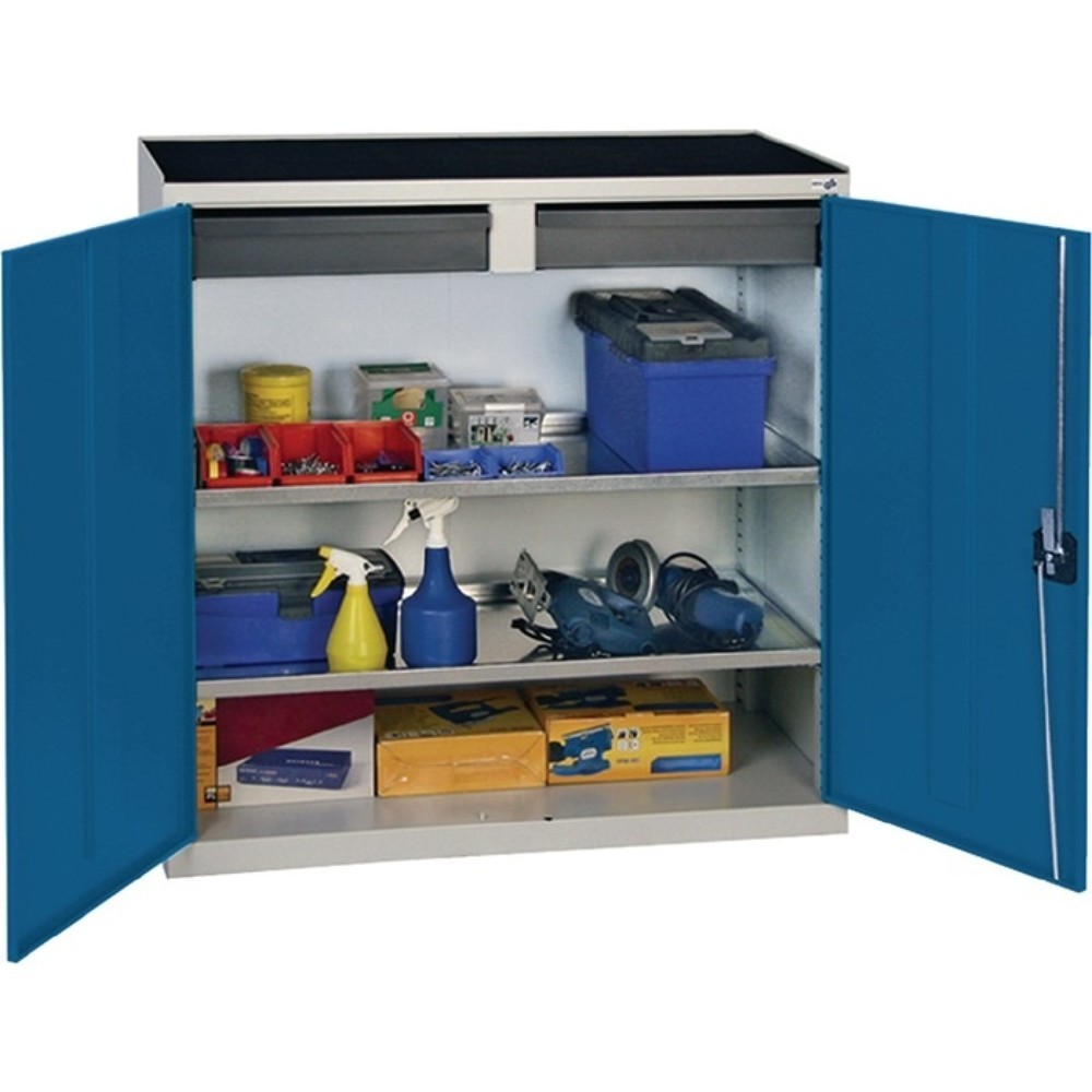 Produktabbildung: stumpf® Werkzeug-/Beistellschrank, 2 Schubladen, 2 Böden, H1000xB1000xT500 mm, lichtgrau, RAL 7035/enzianblau, RAL 5010