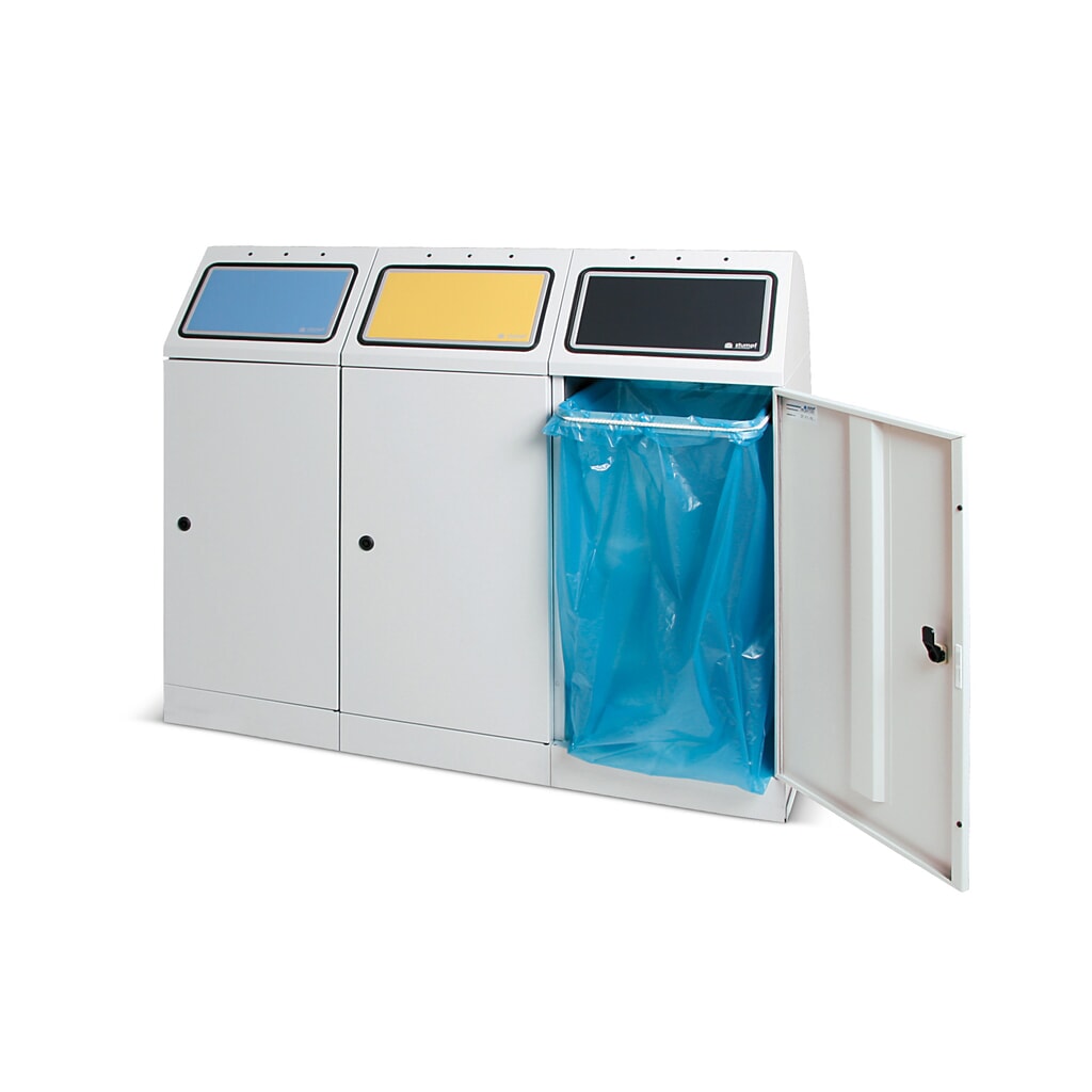 stumpf® Wertstoffsammler, 3x 70 Liter, mit Flügeltür und Abfallsackhalterung Produktabbildung: stumpf® Wertstoffsammler, 3x 70 Liter, mit Flügeltür und Abfallsackhalterung