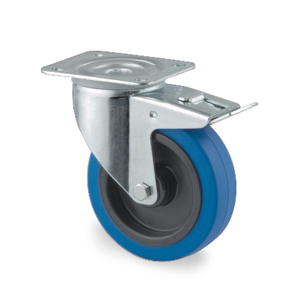 TENTE® Lenkrolle Elastik-Gummi, Rollenlager, Totalfeststeller, Schwenklagerschutz, spurlos, blau, Ø x Breite 100 x 34 mm, TK 160 kg Produktabbildung: TENTE® Lenkrolle Elastik-Gummi, Rollenlager, Totalfeststeller, Schwenklagerschutz, spurlos, blau, Ø x Breite 100 x 34 mm, TK 160 kg