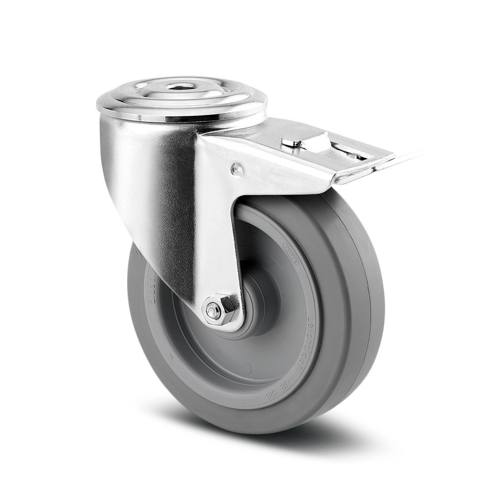 Produktabbildung: TENTE® Lenkrolle Elastik-Gummi, Rollenlager, Totalfeststeller, spurlos, Anschraubloch, Ø x Breite 100 x 50 mm, TK 160 kg