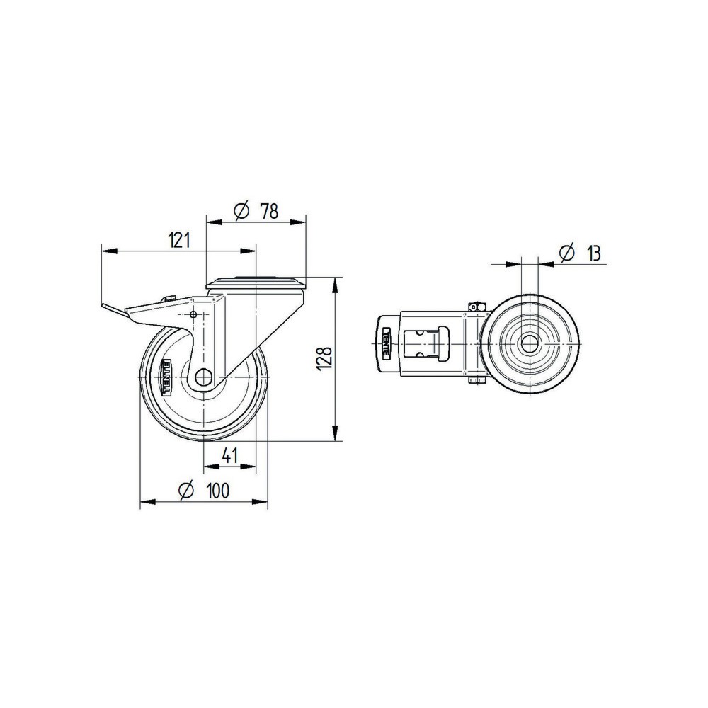 Produktabbildung Nr. 2: TENTE® Lenkrolle Elastik-Gummi, Rollenlager, Totalfeststeller, spurlos, Anschraubloch, Ø x Breite 100 x 50 mm, TK 160 kg