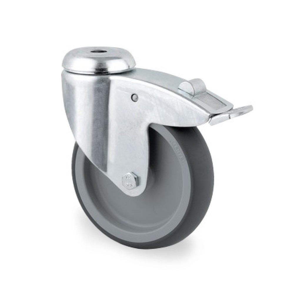 Produktabbildung: TENTE® Lenkrolle TPE, Gleitlager, Stahlblech-Gehäuse, Totalfeststeller, Anschraubloch, Ø x Breite 75 x 50 mm, TK 75 kg