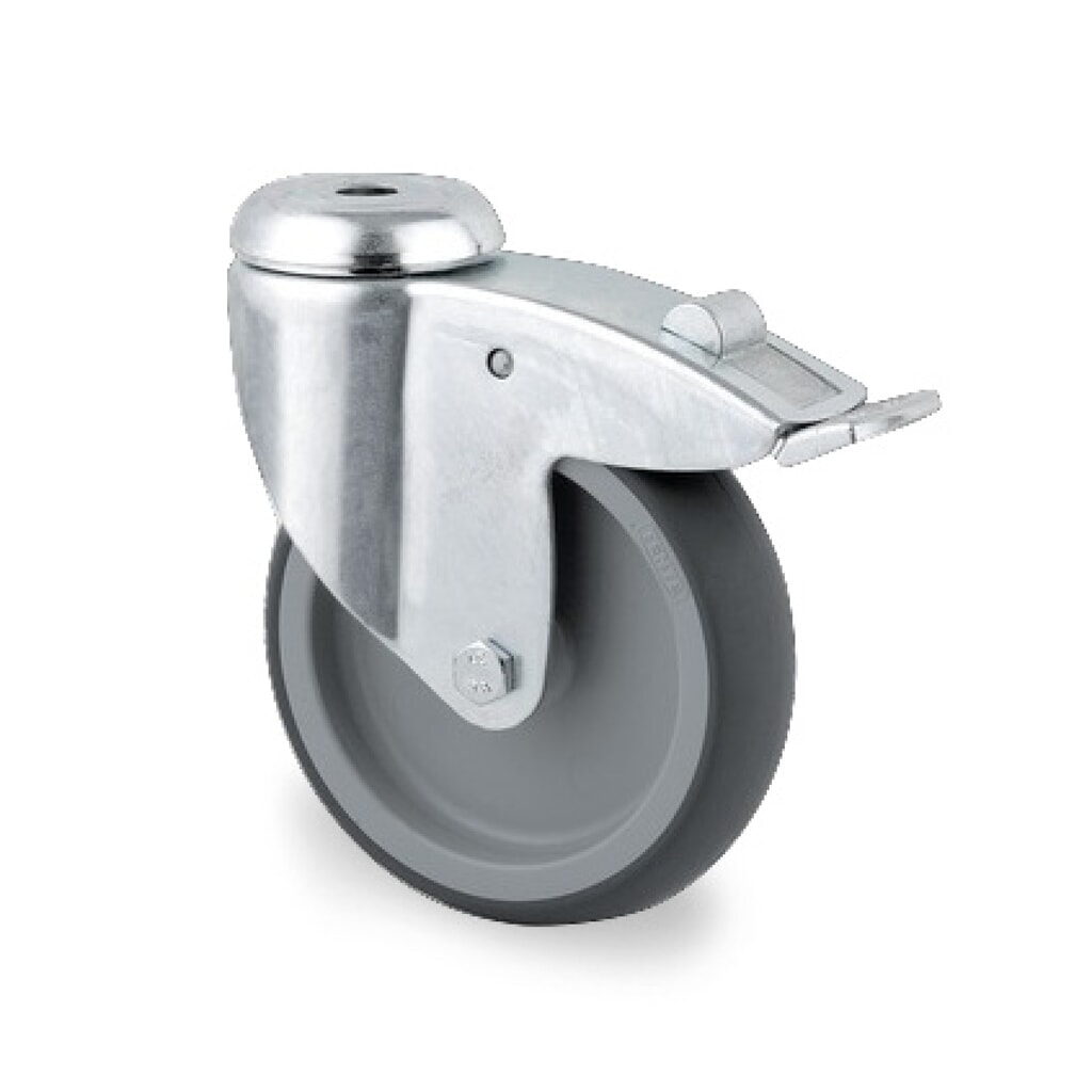 Produktabbildung: TENTE® Lenkrolle TPE, Gleitlager, Stahlblech-Gehäuse, Totalfeststeller, Anschraubloch, Ø x Breite 75 x 50 mm, TK 75 kg