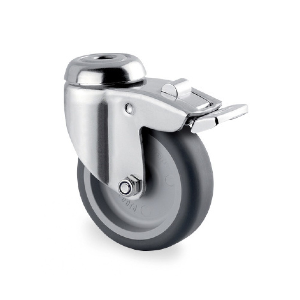 Produktabbildung: TENTE® Lenkrolle TPE, Gleitlager, Edelstahl-Gehäuse, Totalfeststeller, Anschraubloch, Ø x Breite 75 x 50 mm, TK 60 kg