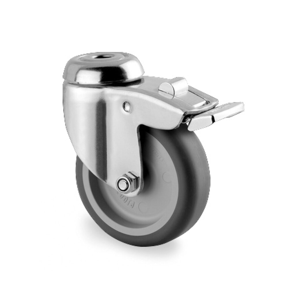 TENTE® Lenkrolle TPE, Gleitlager, Edelstahl-Gehäuse, Totalfeststeller, Anschraubloch, Ø x Breite 75 x 50 mm, TK 60 kg Produktabbildung: TENTE® Lenkrolle TPE, Gleitlager, Edelstahl-Gehäuse, Totalfeststeller, Anschraubloch, Ø x Breite 75 x 50 mm, TK 60 kg