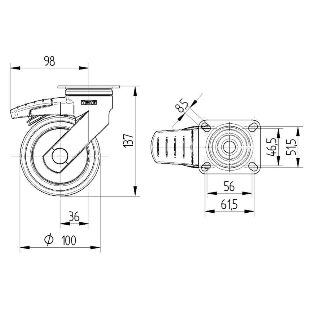 Produktabbildung Nr. 4: TENTE® Lenkrolle TPE, Präzisionskugellager, Kunststoff-Gehäuse, Totalfeststeller, Ø x Breite 100 x 50 mm, TK 100 kg