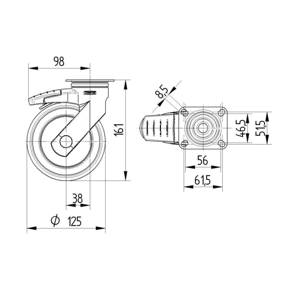 Produktabbildung Nr. 4: TENTE® Lenkrolle TPE, Präzisionskugellager, Kunststoff-Gehäuse, Totalfeststeller, Ø x Breite 125 x 50 mm, TK 100 kg