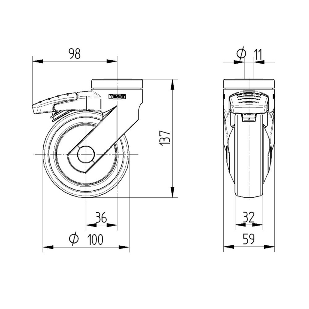 Produktabbildung Nr. 3: TENTE® Lenkrolle TPE, Präzisionskugellager, Kunststoff-Gehäuse, Totalfeststeller, Anschraubloch, Ø x Breite 100 x 50 mm, TK 100 kg