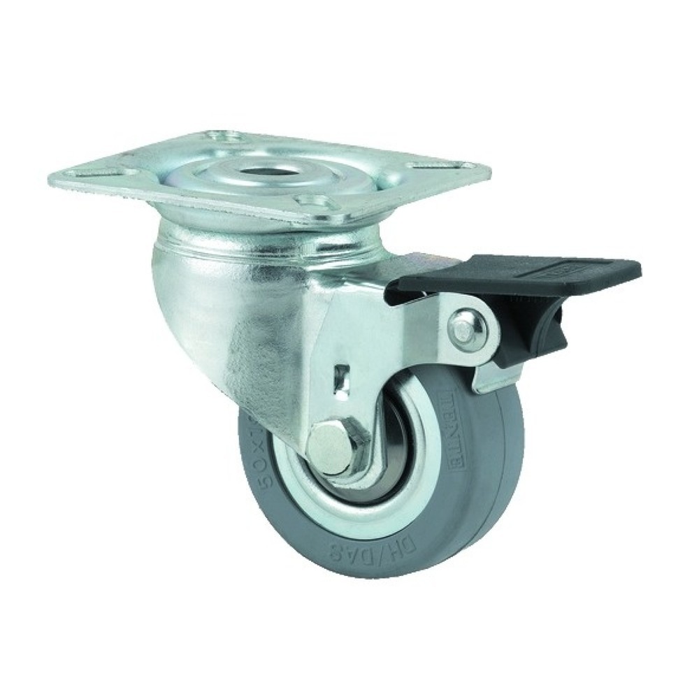 Produktabbildung: TENTE® Lenkrolle Vollgummi, Konuskugellager, Stahlblech-Gehäuse, Radfeststeller, Fadenschutz, spurlos, Ø x Breite 50 x 50 mm, TK 40 kg