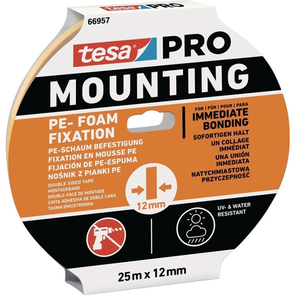 Produktabbildung: tesa® Montageband Mounting PRO PE-Fixation 66957, weiß, Länge 25 m Breite 12 mm