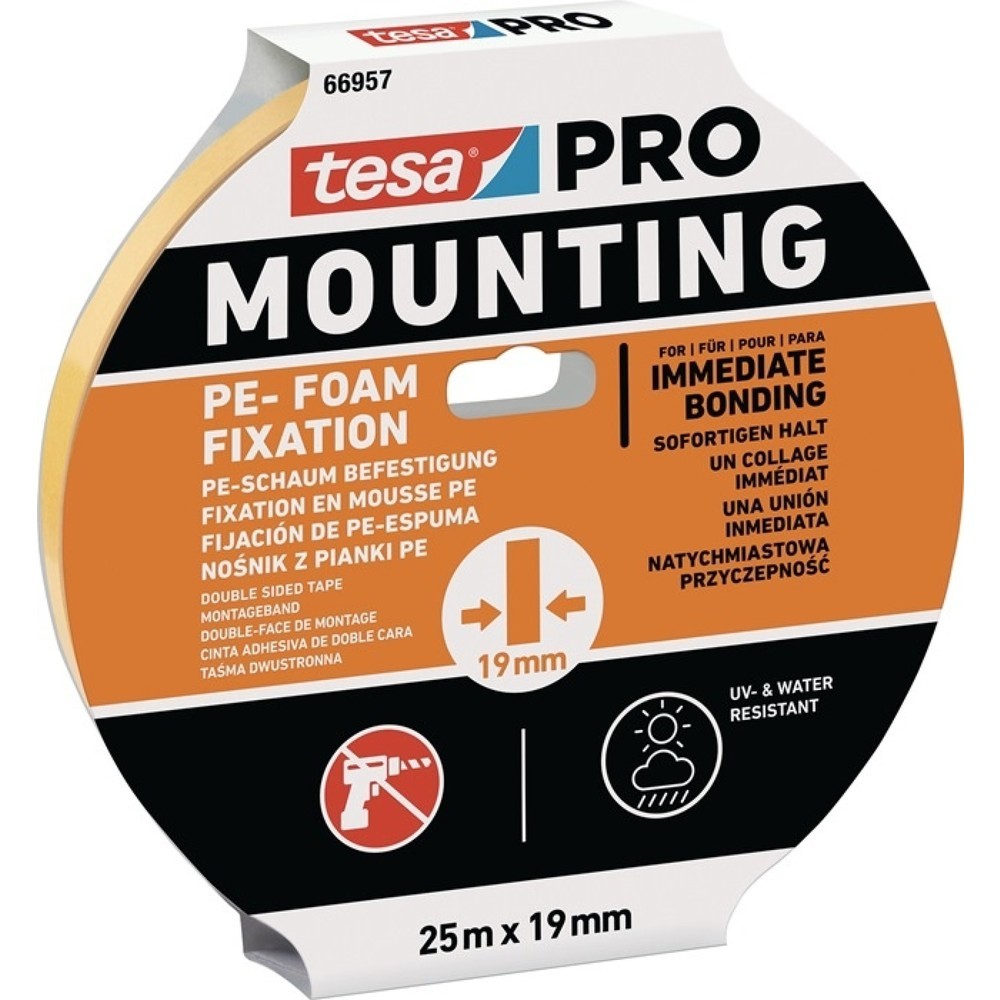 Produktabbildung: tesa® Montageband Mounting PRO PE-Fixation 66957, weiß, Länge 25 m Breite 19 mm