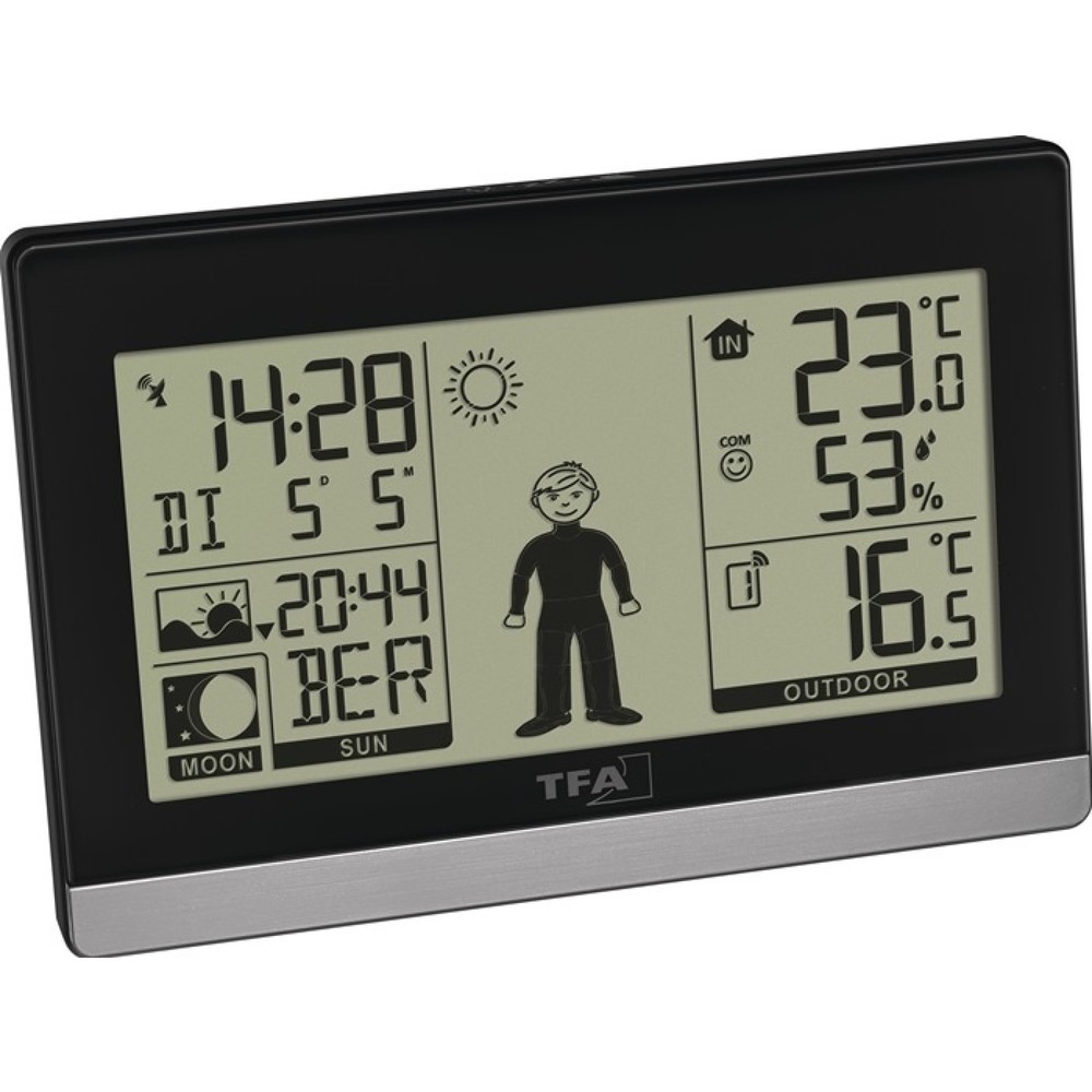 Produktabbildung: TFA Funkwetterstation Weather Boy, Kunststoff für innen und außen, H97xB145xT39mm schwarz/silber, Wetterfigur gibt Kleiderempfehlung