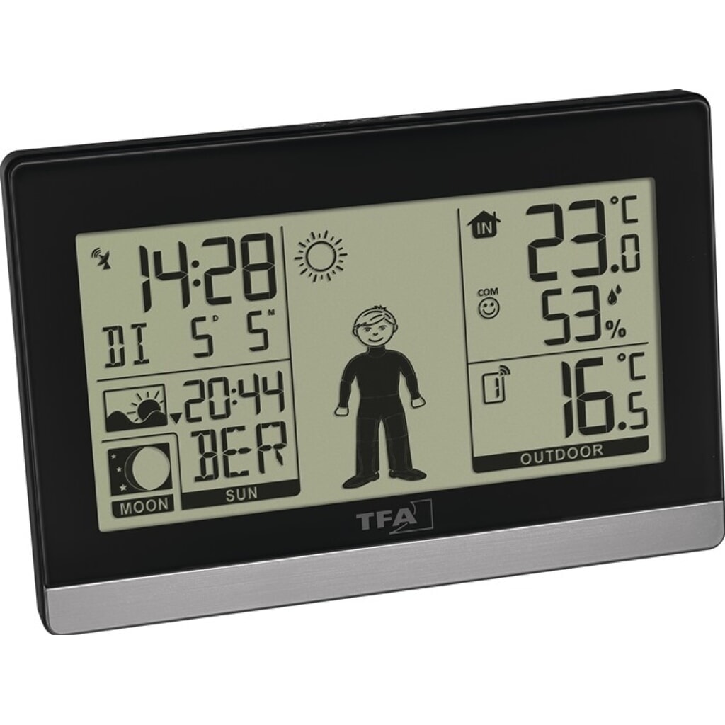 Produktabbildung: TFA Funkwetterstation Weather Boy, Kunststoff für innen und außen, H97xB145xT39mm schwarz/silber, Wetterfigur gibt Kleiderempfehlung