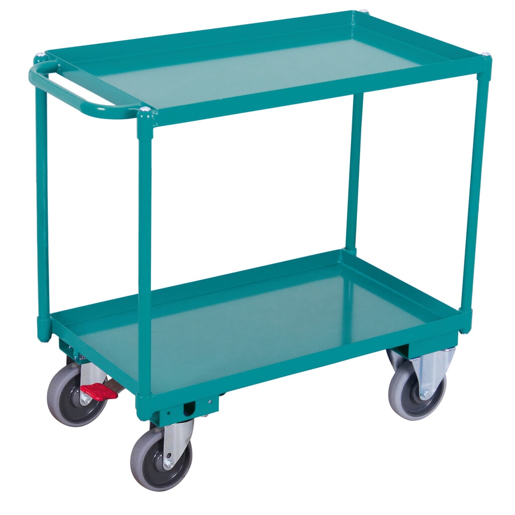 Tischwagen Ameise®, mit öldichten Wannen, 2 Etagen à 846 x 496 mm, mit Zentralbremse Produktabbildung: Tischwagen Ameise®, mit öldichten Wannen, 2 Etagen à 846 x 496 mm, mit Zentralbremse