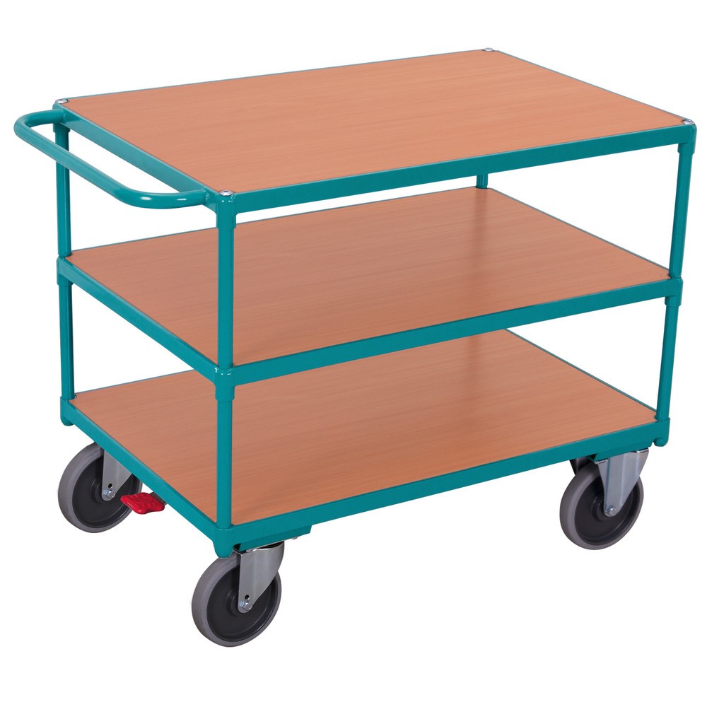 Produktabbildung: Tischwagen Ameise®, waagerechter Bügel, 3 Etagen à 1.000 x 700 mm, TK 500 kg, mit Zentralbremse