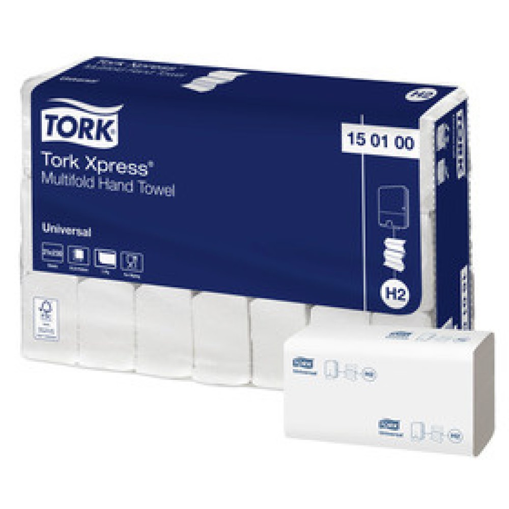 Produktabbildung: TORK® 150100 Xpress Multifold Handtücher Universal, 1-lagig für Spendersystem H2 , 1 VE = 21 Bündel à 230 Tücher (4830 Tücher), Farbe: weiß