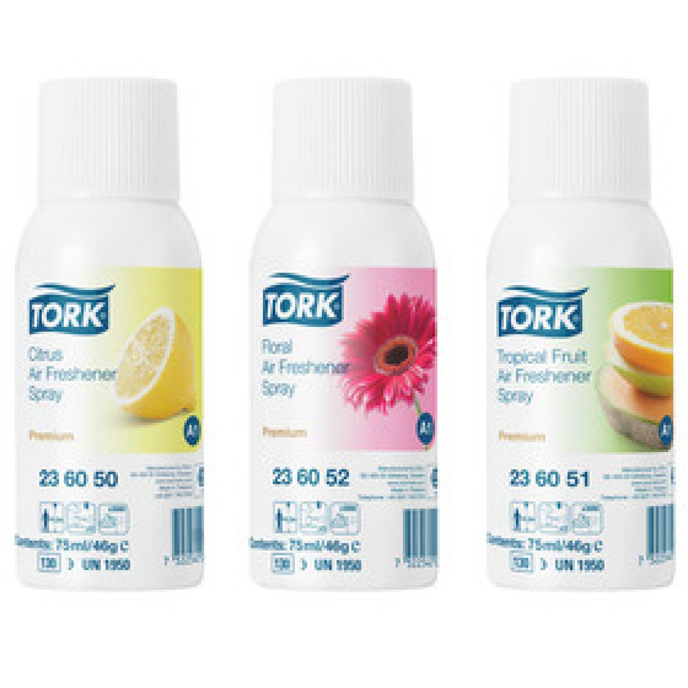 Produktabbildung: TORK® 236056 Lufterfrischer-Spray Mixed Pack,  4x Floral und 4x Tropical Fruit) Inhalt: 12x 75ml 4x3 Sorten
